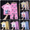 Comercio Exterior Pijamas Infantiles Primavera y Verano Manga Corta Pantalones Trajes para Niños Dibujos Animados Lindo Stitch Ropa de Casa para Niñas Ola
