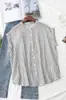 Camisa blanca de gasa de doble capa, fresca y sencilla, estilo japonés, con cuello mao pequeño, manga corta suelta a rayas, de algodón, artística, para mujer