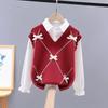 Suéter Feminino Primavera e Outono Novo Estilo Infantil Faculdade Tricotado Falso Duas Peças Roupas Infantis Médias e Grandes Tops de Base Femininos de Outono