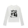 Blusa Branca de Algodão com Manga Longa, Gola Redonda e Ombros Retos para Mulheres, Novo Design Tendência Estilo Americano, Camisa Básica para Primavera e Outono para Mulheres