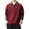 Camisa tipo polo de mezclilla pesada de alta gama con bloques de color, estilo falso dos piezas, para hombre, Otoño, Retro Americano, corte holgado, sudadera con cuello de solapa para hombre