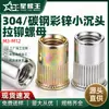 Tuerca de remache de acero inoxidable 304 con cabeza avellanada pequeña y grano vertical, color zinc, tuerca de remache hembra M4/M5/M6/M8
