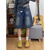 Calças de cintura alta estilo coreano com pernas largas para mulheres baixinhas, azul vintage, modernas e versáteis, shorts jeans de corte solto que emagrecem