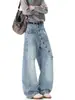 Jeans de patchwork desconstruidos con botones para hombre, ropa de trabajo estilo americano, pantalones anchos vintage de moda con bragueta diagonal