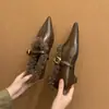 Nueva colección de otoño e invierno estilo coreano: Zapatos pequeños de cuero para mujer, con forro de felpa, sin cordones, punta fina, tacón grueso y diseño Mary Jane de una sola tira.