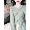Blusa Calada de Protección Solar para Mujer Verano Tirante Fino Cintura Adelgazante Suéter de Punto con Correa Exterior Top de Manga Larga