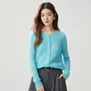 Cardigã de tricô com mistura de cashmere e seda para mulheres, gola redonda, suéter com botões, design em trança, blusa de manga longa