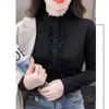 Elegante Camisa de Cuello Semi Alto, Elegante de Gama Alta, Dulce Camiseta Interior con Dobladillo de Orejas, Top Cálido de Manga Larga para Mujer