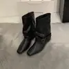 Botas curtas de camurça cáqui estilo retrô Chuyuji para mulheres, botas estilo francês, design de nicho de outono, botas western com salto bloco