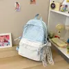 Mochila de Viagem Fofa com Estampa Xadrez e Bolinhas com Acabamento em Renda Estilo Menina Mochila de Estudante Estilo Doce Japonês