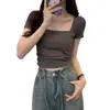 Camiseta de Manga Corta con Cuello Cuadrado T29 para Mujer Verano Estilo Coreano Plisada Adelgazante Corta