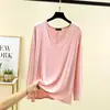 Camiseta de manga larga con cuello en V de modal para mujer, top exterior fino de verano, talla grande, color liso simple, camiseta base holgada