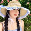 Sombrero de Paja con Cinta de Encaje a Cuadros para Mujer, Sombrero de Sol de Verano para Playa y Vacaciones en la Costa, Sombrero de Sol con Ala Ancha para Protección Solar