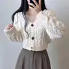 Nuevo cárdigan de punto ajustado estilo coreano para primavera y otoño, con cuello en V de tres botones y patrón de trenza retro, chaqueta suéter corta de manga larga