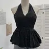Foto Real de Camisola de Lunares con Cuello Halter, Falda con Lazo Espalda Descubierta, Top Corto sin Mangas que Cubre el Vientre con Efecto Adelgazante 9260