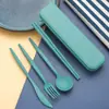 Juego de Cubiertos Portátil para Camping al Aire Libre Amazon Transfronterizo, Tenedor, Cuchara y Palillos, Negro, Vajilla de Paja de Trigo, Juego de Cuatro Piezas