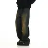 Jeans retro desgastados lavados para hombre estilo callejero americano teñidos de barro amarillo pantalones largos tipo papá callejeros sueltos rectos