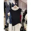 LS Primavera Nova Chegada Estilo Filha Gola de Renda com Contas Suéter Sem Mangas Feminino Irregular com Cadarço Plissado Body Slim