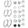 Conjunto de Brincos Stud de Zircônia Redonda com Revestimento de Diamante em Bobina, Venda Quente Transfronteiriça, Aço Inoxidável, Conjunto de 9 Pares de Brincos da Moda
