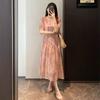 Vestido de Pausa para Chá de Comprimento Médio Irregular com Manga Curta, Estampa Borrada em Pintura a Óleo de Linho Tencel Suave