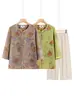 Conjunto de camisa transpirable de manga corta para mujeres mayores en verano, conjunto ligero de dos piezas de blusa de brocado fino para mujeres de 70-80 años