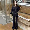 Conjunto de mujer moderno y elegante personalizado 2026 otoño nuevo sudadera de moda sin hombros con dobladillo de volantes y pantalones acampanados adelgazantes