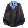 Sudadera para hombre 2026 otoño nueva chaqueta de moda casual falsa de dos piezas con bloques de color cuello de camisa manga larga top holgado