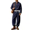 Conjunto de top henley de lino liso casual versátil para hombre y pantalón de pierna curva, nuevo, europeo y americano, Amazon transfronterizo