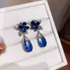 Elegância vintage! Brincos de franja em gota d'água com zircônia azul, brincos estilo corte francês, sensação de luxo leve e alta qualidade para mulheres
