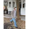 Camisa a cuadros retro americana para hombre, de manga larga, para verano y otoño, camisa azul de alta gama de moda 2026, chaqueta de pareja