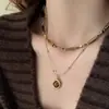 Elegante Collar Colgante de Piedra Ojo de Tigre con Perlas de Doble Capa para Otoño/Invierno Estilo Vintage Cadena para Suéter de Celebridad de Internet
