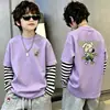 Camiseta de algodón de manga larga estampada para niños, moderna y sencilla, camiseta básica de retazos a rayas estilo coreano, top de imitación de dos piezas, estilo ins