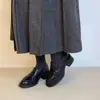 Versão em Pele de Ovelha ~ Mocassins de Salto Alto com Solado Grosso e Bico Arredondado para Mulheres, Sapatos de Trabalho Slip-On Estilo Britânico, Sapatos Pequenos de Couro Versáteis com Salto Grosso