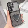 Adecuado para Samsung S26 Ultra, funda de teléfono con soporte de espejo de corazón ondulado con diamantes de imitación, funda protectora anti-caídas de lujo para S25+