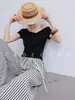 Camiseta de Manga Corta con Cuello Drapeado de Lana Tencel Estilo Francés Perezoso Chic para Mujer con Diseño Irregular Cortado al Sesgo Tridimensional para Verano
