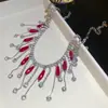 Set de Aretes y Collar de Zirconia Roja en Forma de Gota de Agua Transfronterizo Europeo y Americano, Cadena para Clavícula de Lujo Ligero de Nicho, Set de Joyería de Alta Gama
