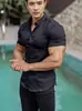 Camisa de Manga Corta con Solapa Madura Transfronteriza Elástica Color Sólido Cardigan Casual Diario Camisa de Negocios sin Planchar