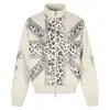 Chamarra de cremallera doble con cuello alto color blanco roto, estampado de leopardo vintage desgastado, estampado de bandera Union Jack, mangas con tatuaje de espinas, sudadera de corte holgado para hombre