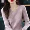 Camiseta Básica de Punto de Manga Larga 100% Algodón para Mujer Suéter Jersey de Cuello en V Ajustado Ajustado Ropa Exterior Suéter Interior Superior Nuevo