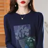 Suéter de Algodón Estampado Cuello Redondo Vintage para Mujer Estilo Slim de Oficina Cómodo Transpirable Tejido de Punto Manga Larga