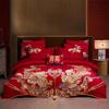 Conjunto de cuatro piezas de boda de algodón, venta al por mayor, ropa de cama bordada roja, conjunto de cama de boda de algodón puro de ocho piezas
