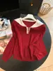 Blusa de tricô com gola azul-marinho e blocos de cor estilo coreano para mulheres, casual para o início do outono, versátil, modeladora, comprimento curto