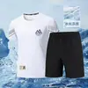 Traje Casual de Tacto Frío para Hombre Verano Transpirable Secado Rápido Elástico Manga Corta Shorts Traje de Ropa Deportiva de Cuello Redondo para Hombre Moderno