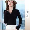 Camisa preta elástica com decote em V, imitação de cashmere, roupa externa feminina, outono, novo terno pequeno, roupa interna, elegante, blusa justa