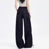 Jeans Azules Oscuros de Pierna Ancha para Mujer, Tendencia Otoño e Invierno Versátiles Nuevos de Cintura Alta Sueltos con Caída Pantalones de Mezclilla Forrados de Polar