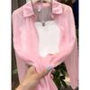 Camisa Jacket de Fio Perolado Proteção Solar Feminina Verão Fina Sensação de Gelo Super Lisa Roupa de Trabalho Cardigan Externo Top Leve Tendência