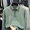 Camiseta de Manga Comprida Masculina Outono Novo Estilo Meia-idade Casual Versátil Listrada Amiga da Pele Gola Polo Camiseta Básica