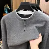 Suéter de punto henley de otoño e invierno para hombre, casual de negocios, con botones de contraste, camisa básica para hombre, venta al por mayor desde la fábrica de origen
