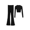 Conjunto de Pantalones Acampanados Elásticos Vintage de Cintura Alta Ajustados Elásticos y Top Corto de Punto de Manga Larga de Cuello Semi Alto para Mujer