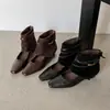En stock/Botines Western Perforados para Mujer, Piel Suave, Botines Vintage de Punta Cuadrada, Cinta Tejida, Cierre de Cremallera Trasera, Mary Jane de Tacón Medio